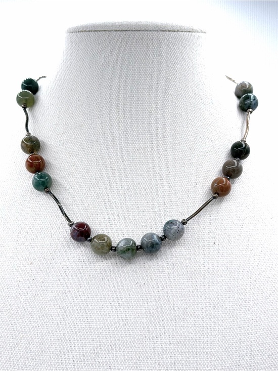 unmarked Jewelry - Vintage Earth-Tone Semi Precious Stone Beads Jasper Burgundy Emerald Green Blue